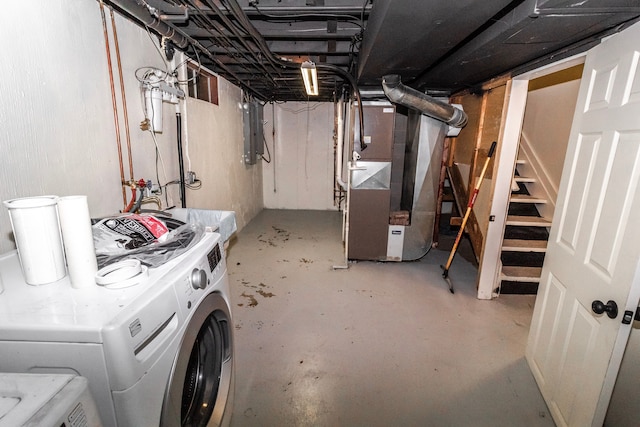 789 W Castle Rd, Fostoria, MI 48435 - unfinished basement with washer and dryer, heating unit, stairs, and electric panel