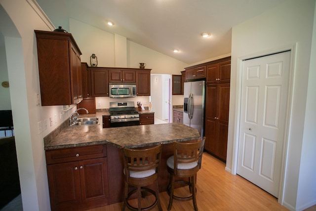1820 Elk Ct, Owosso, MI 48867 - kitchen featuring appliances with stainless steel finishes, a sink, a peninsula, dark countertops, and vaulted ceiling