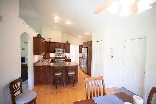 1820 Elk Ct, Owosso, MI 48867 - kitchen with appliances with stainless steel finishes, arched walkways, a peninsula, light wood finished floors, and vaulted ceiling