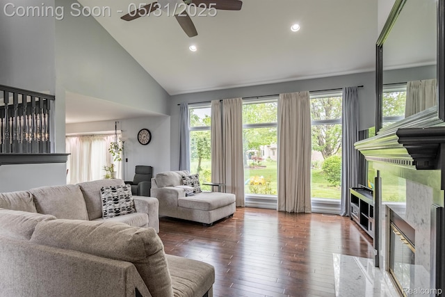 42739 Pond View Dr, Sterling Heights, MI 48314 - living area featuring a ceiling fan, dark wood-style floors, high vaulted ceiling, and recessed lighting