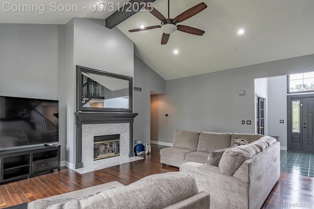 42739 Pond View Dr, Sterling Heights, MI 48314 - living area featuring high vaulted ceiling, a ceiling fan, baseboards, beamed ceiling, and a high end fireplace