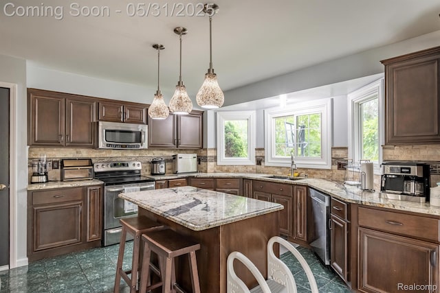42739 Pond View Dr, Sterling Heights, MI 48314 - kitchen featuring stainless steel appliances, a sink, healthy amount of natural light, and tasteful backsplash