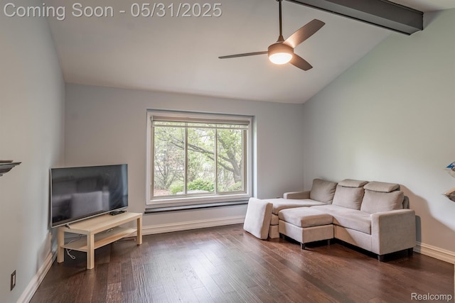 42739 Pond View Dr, Sterling Heights, MI 48314 - living room featuring ceiling fan, dark wood finished floors, and baseboards
