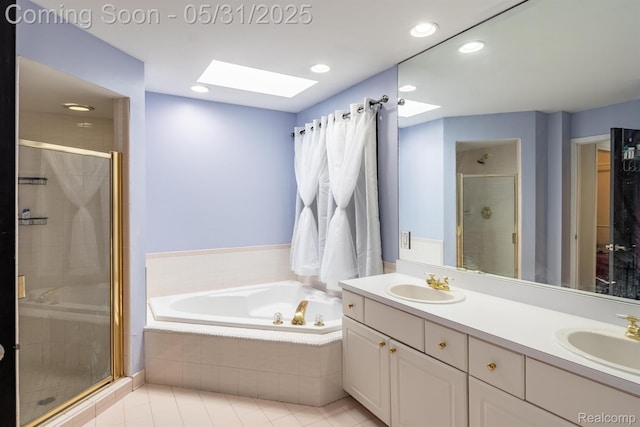 42739 Pond View Dr, Sterling Heights, MI 48314 - bathroom featuring a skylight, a shower stall, a garden tub, tile patterned flooring, and double vanity