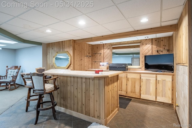 42739 Pond View Dr, Sterling Heights, MI 48314 - indoor bar with wood walls, recessed lighting, a drop ceiling, and baseboards