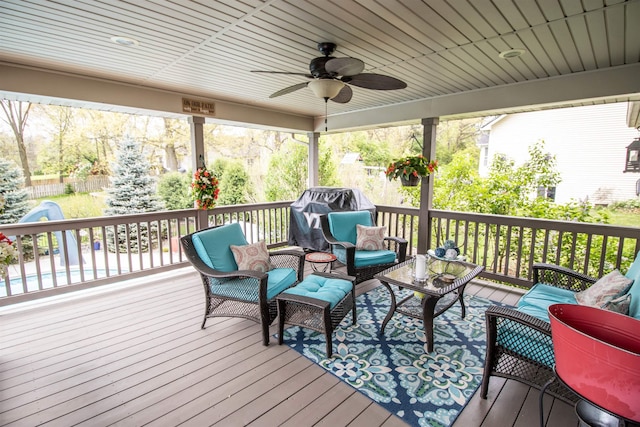 5221 Whittaker Trl, Linden, MI 48451 - wooden terrace with outdoor lounge area and ceiling fan