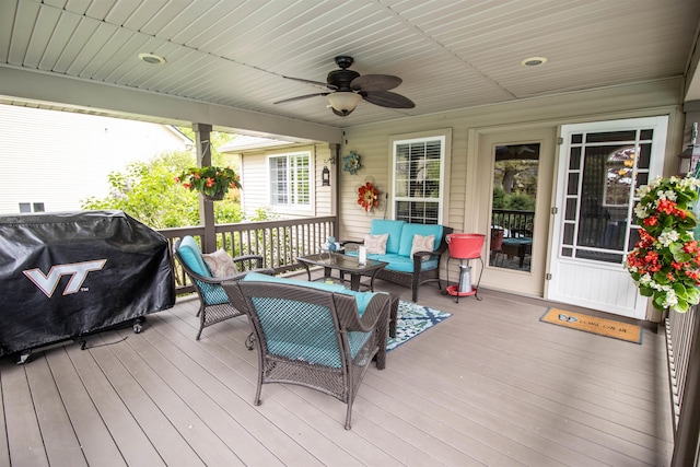 5221 Whittaker Trl, Linden, MI 48451 - deck with outdoor lounge area, a grill, and ceiling fan