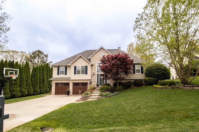 5221 Whittaker Trl, Linden, MI 48451 - view of front of home featuring a garage, driveway, stone siding, a front yard, and a chimney