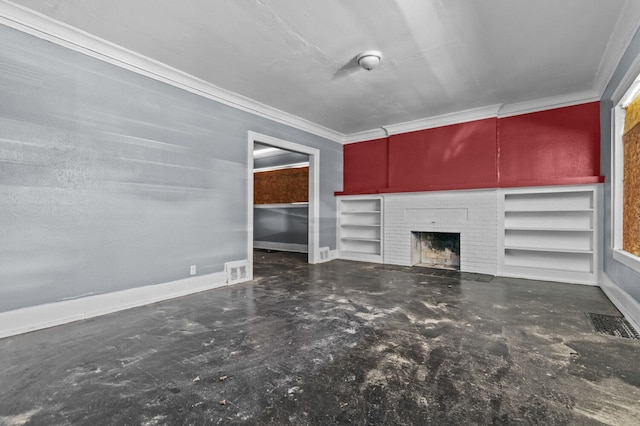 3779 Gladstone St, Detroit, MI 48206 - unfurnished living room with concrete floors, a fireplace, crown molding, and baseboards