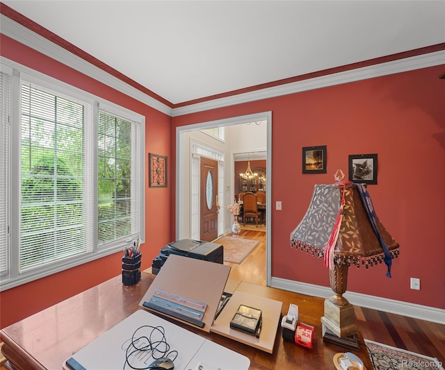 17747 Parkshore Dr, Northville, MI 48168 - home office with wood finished floors, a chandelier, crown molding, and baseboards