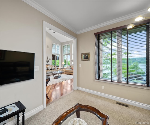 17747 Parkshore Dr, Northville, MI 48168 - interior space featuring carpet floors, ornamental molding, and baseboards