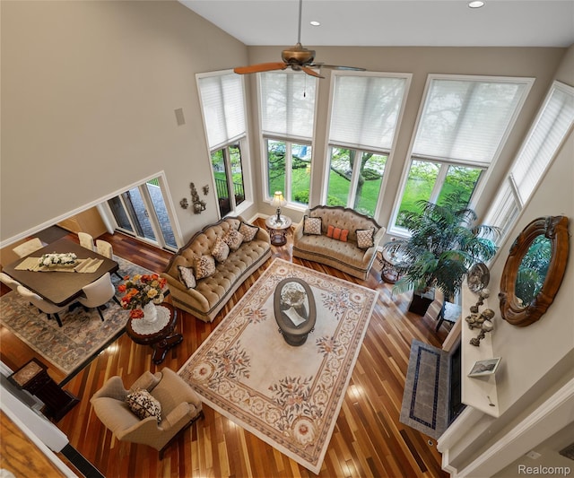17747 Parkshore Dr, Northville, MI 48168 - living room featuring ceiling fan, wood finished floors, and recessed lighting