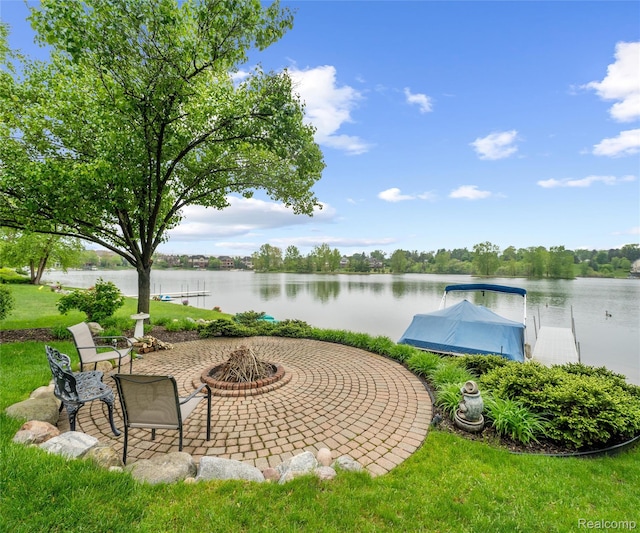 17747 Parkshore Dr, Northville, MI 48168 - view of patio / terrace featuring a water view and an outdoor fire pit