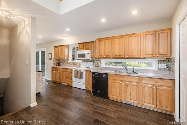 400 E Schafer Rd, Pinckney, MI 48169 - kitchen featuring white appliances, tasteful backsplash, dark wood finished floors, and recessed lighting