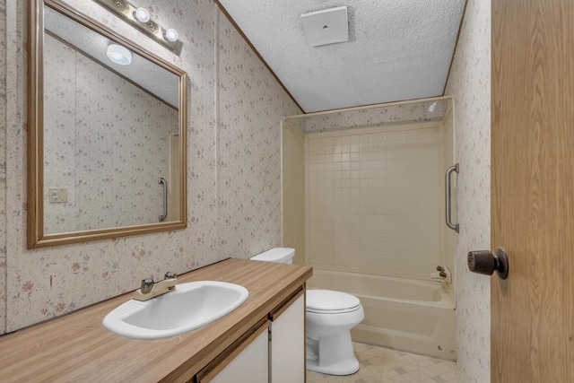 3749 Wellman Rd, Parma, MI 49269 - bathroom featuring toilet, wallpapered walls, a textured ceiling, vanity, and tub / shower combination