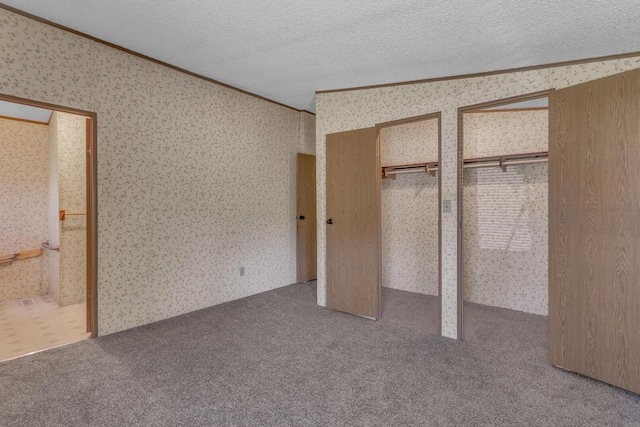 3749 Wellman Rd, Parma, MI 49269 - unfurnished bedroom featuring wallpapered walls, carpet, ornamental molding, two closets, and a textured ceiling