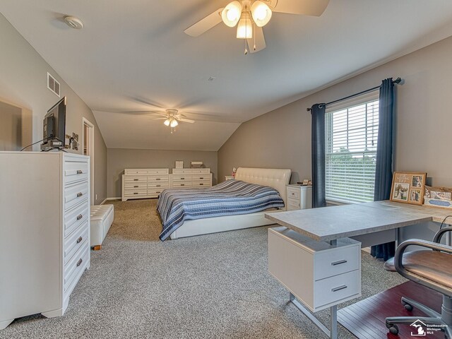 469 Corinth Cir, Dundee, MI 48131 - bedroom featuring light carpet, a desk, vaulted ceiling, and ceiling fan