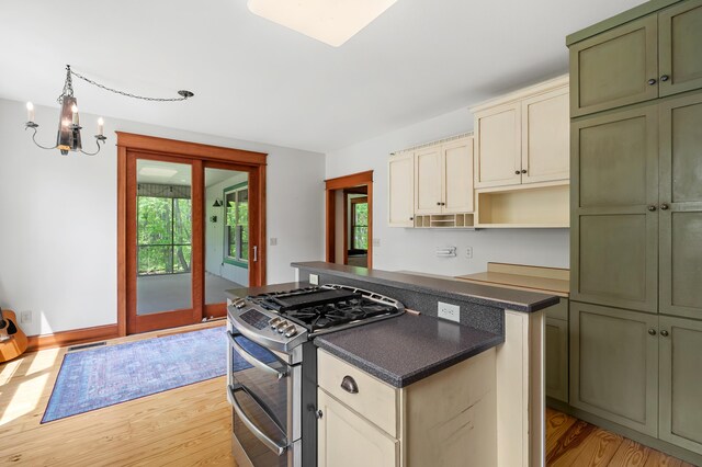 9934 W Fg Ave, Kalamazoo, MI 49009 - kitchen with double oven range, green cabinetry, plenty of natural light, and light wood finished floors