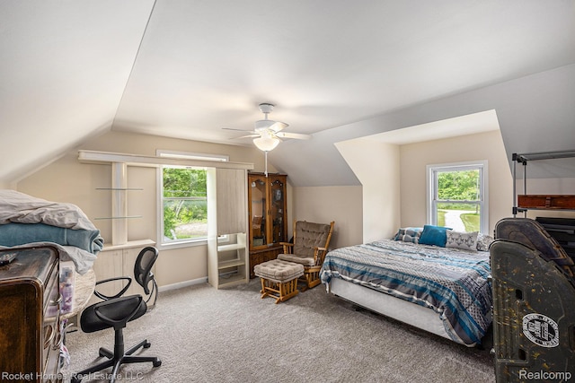 6621 Dove Rd, Kimball, MI 48074 - carpeted bedroom with vaulted ceiling, baseboards, and ceiling fan