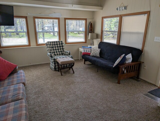 5268 S Arrowhead Trl, Baldwin, MI 49304 - carpeted living area featuring wooden walls