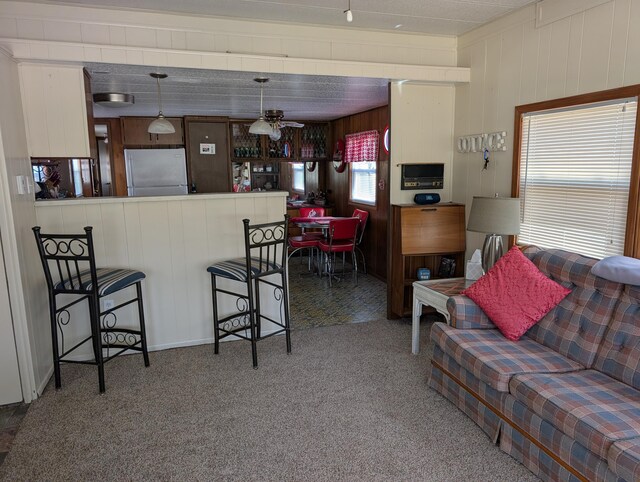5268 S Arrowhead Trl, Baldwin, MI 49304 - living area with carpet floors, a ceiling fan, and wood walls
