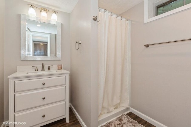 2553 Bristol Ter, Saint Joseph, MI 49085 - full bathroom with baseboards, wood finished floors, a shower with shower curtain, and vanity