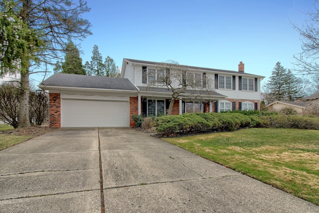 33951 Old Timber Rd, Farmington Hills, MI 48331 - view of front facade featuring brick siding, a chimney, an attached garage, concrete driveway, and a front lawn