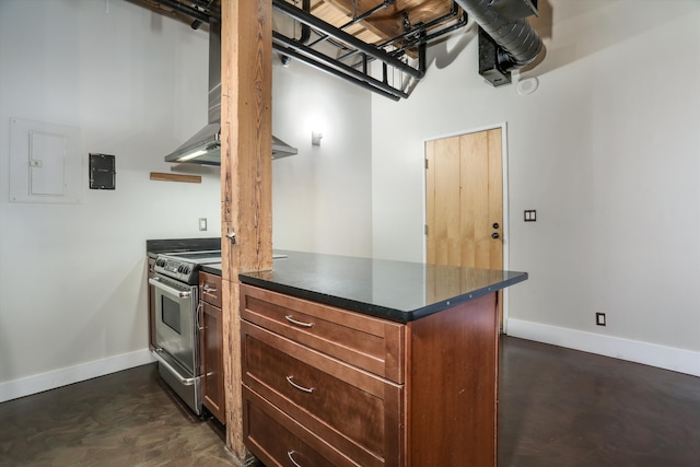6533 E Jefferson Ave Unit 413W, Detroit, MI 48207 - kitchen with stainless steel electric range, baseboards, electric panel, a peninsula, and concrete flooring