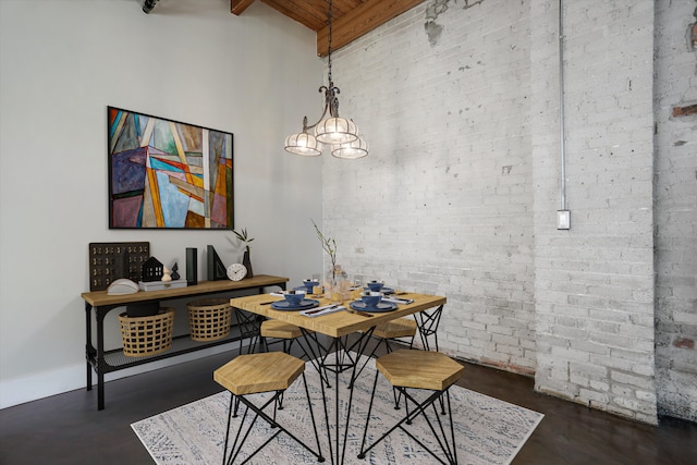 6533 E Jefferson Ave Unit 413W, Detroit, MI 48207 - dining space with brick wall, a chandelier, a high ceiling, and wood ceiling with exposed beams