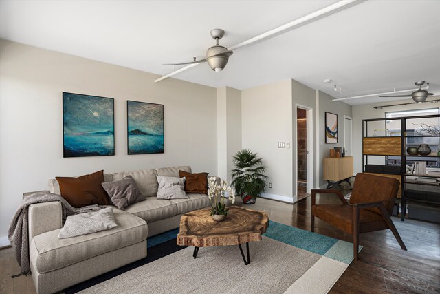 6533 E Jefferson Ave Unit 413W, Detroit, MI 48207 - living area with ceiling fan, wood finished floors, and baseboards