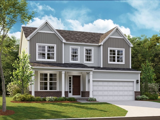27106 Gallop Way, Saline, MI 48176 - traditional-style home featuring brick siding, an attached garage, driveway, a front lawn, and board and batten siding