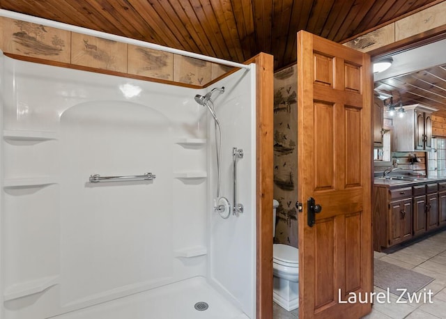 1442 W Tyler Rd, Hart, MI 49420 - bathroom with wood ceiling, a shower stall, tile patterned flooring, toilet, and vanity