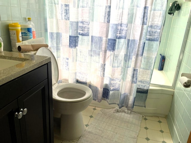 19400 Greydale Ave, Detroit, MI 48219 - full bath with tile walls, shower / bath combo, vanity, toilet, and healthy amount of natural light