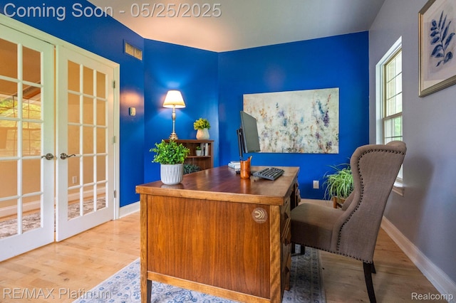 2038 Pine Bluffs Ct, Highland, MI 48357 - office area with french doors, light wood-type flooring, and baseboards