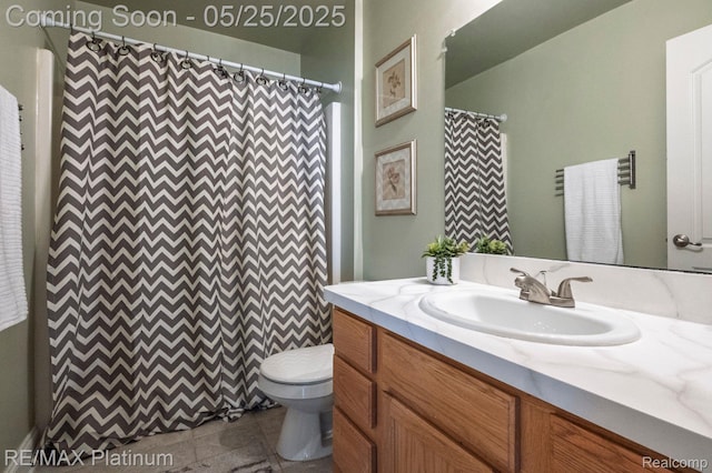 2038 Pine Bluffs Ct, Highland, MI 48357 - full bathroom with toilet, vanity, tile patterned floors, and a shower with curtain