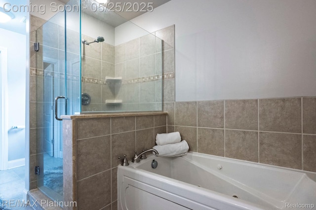 2038 Pine Bluffs Ct, Highland, MI 48357 - bathroom with a bath, a stall shower, and tile walls