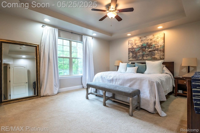 2038 Pine Bluffs Ct, Highland, MI 48357 - bedroom featuring carpet floors, recessed lighting, a raised ceiling, baseboards, and ceiling fan