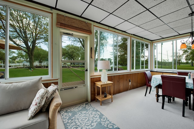 sunroom / solarium featuring healthy amount of natural light, carpet floors, and wood walls