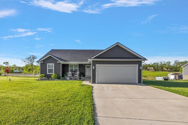 3582 Pratt Dr, Lapeer, MI 48446 - ranch-style house featuring a front lawn, a garage, driveway, a porch, and board and batten siding