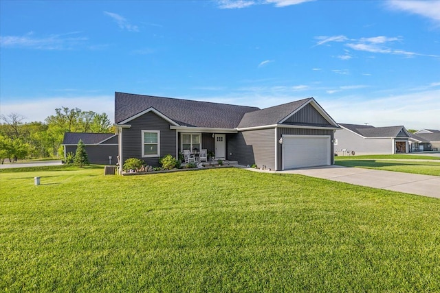 3582 Pratt Dr, Lapeer, MI 48446 - ranch-style house with an attached garage, a front yard, driveway, and a porch