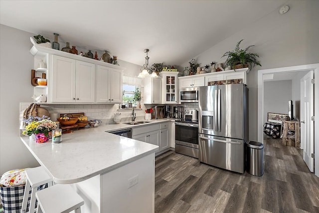 3582 Pratt Dr, Lapeer, MI 48446 - kitchen featuring appliances with stainless steel finishes, a sink, a peninsula, tasteful backsplash, and dark wood-type flooring