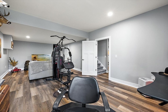 3582 Pratt Dr, Lapeer, MI 48446 - workout room featuring baseboards, dark wood finished floors, and recessed lighting