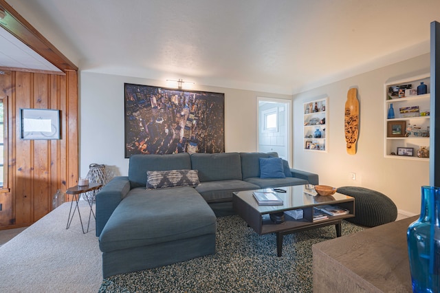 406 Common St, Walled Lake, MI 48390 - living room with carpet floors, wooden walls, and built in features