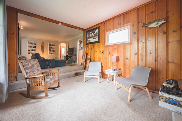 406 Common St, Walled Lake, MI 48390 - living area featuring arched walkways, carpet, and wooden walls