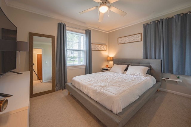 406 Common St, Walled Lake, MI 48390 - bedroom featuring crown molding, light colored carpet, and a ceiling fan
