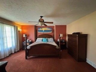 bedroom featuring carpet floors and a ceiling fan