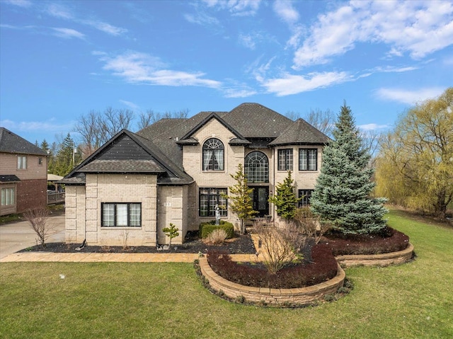 58 Ingram Dr, Troy, MI 48098 - french country home featuring a front yard, a shingled roof, and brick siding