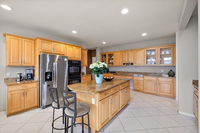58 Ingram Dr, Troy, MI 48098 - kitchen with stainless steel fridge, a center island, light tile patterned floors, recessed lighting, and light brown cabinetry