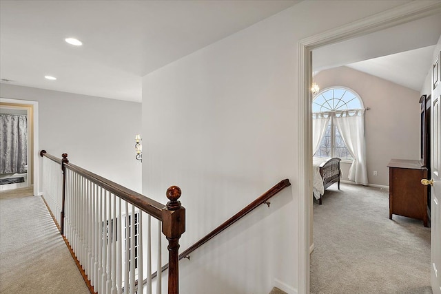 58 Ingram Dr, Troy, MI 48098 - hall featuring light colored carpet, an upstairs landing, baseboards, and recessed lighting