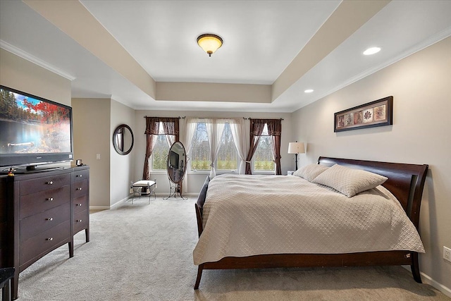 58 Ingram Dr, Troy, MI 48098 - bedroom with light carpet, a raised ceiling, baseboards, recessed lighting, and ornamental molding